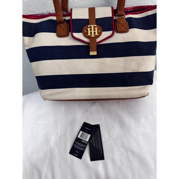 Tommy Hilfiger Striped Canvas Tote Bag Leather Trim Nautical Preppy Coastal Chic - Picture 4 of 16